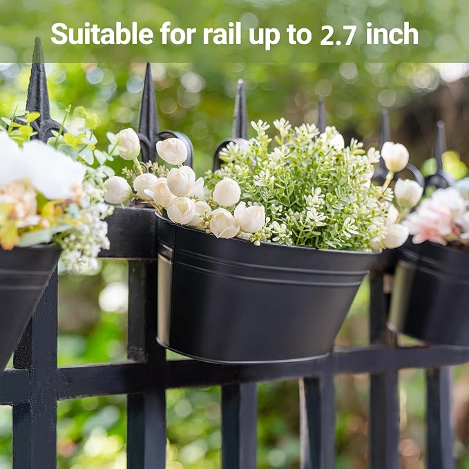 Dahey 10.5 and 15.7 Inch Metal Iron Hanging Flower Pots for Railing Fence Hanging Bucket Pots Countryside Style Window Flower Plant Holder with Detachable Hooks Home Decor