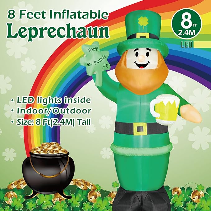 8 FT St. Patrick's Day Inflatable Leprechaun, Blow up Leprechaun Holds Shamrock and Beer Cup Outdoor Decoration with LED Lights, Perfect for Yard Garden Lawn Front Door Holiday Decor