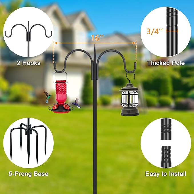 FEED GARDEN Heavy Duty Shepherds Hook 2 Pack 76" Double Hooks Adjustable (44/60/76") - Metal 5-Prong Base, 17lb Capacity - Easy Assembly Bird Feeder Pole for Hanging Planters, Lanterns, Wind Chimes