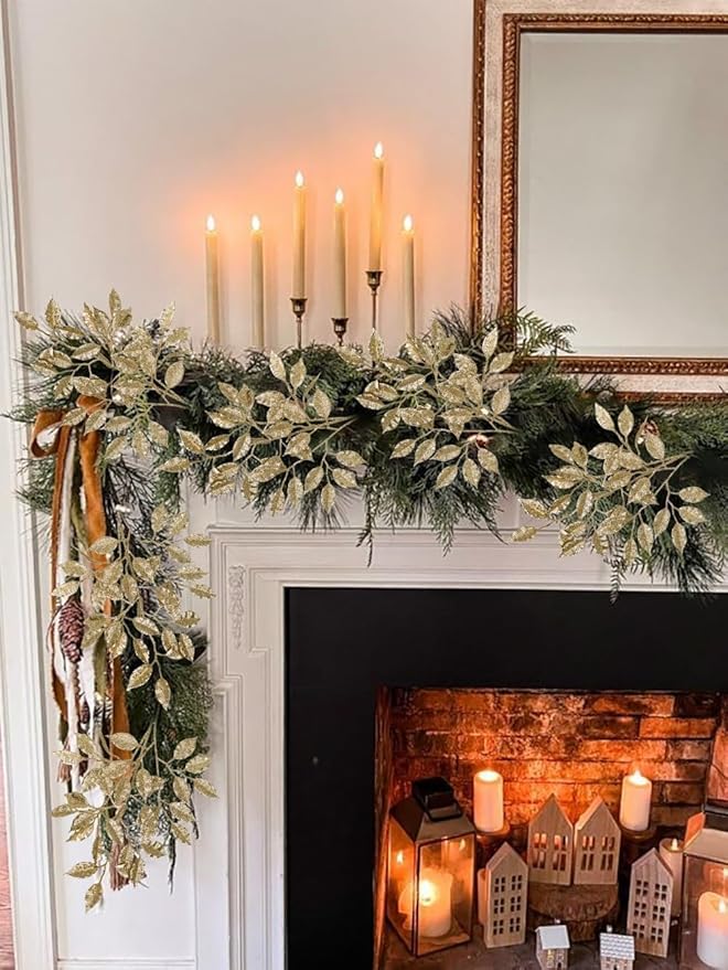25.6" Christmas Glitter Leaves Stems, 5Pcs Artificial Champagne Leaf Spray Leaf Picks Tall for Christmas Tree DIY Xmas Wreath Garland Arrangment Vase Bouquets Table Centerpieces Decoration Home Decor