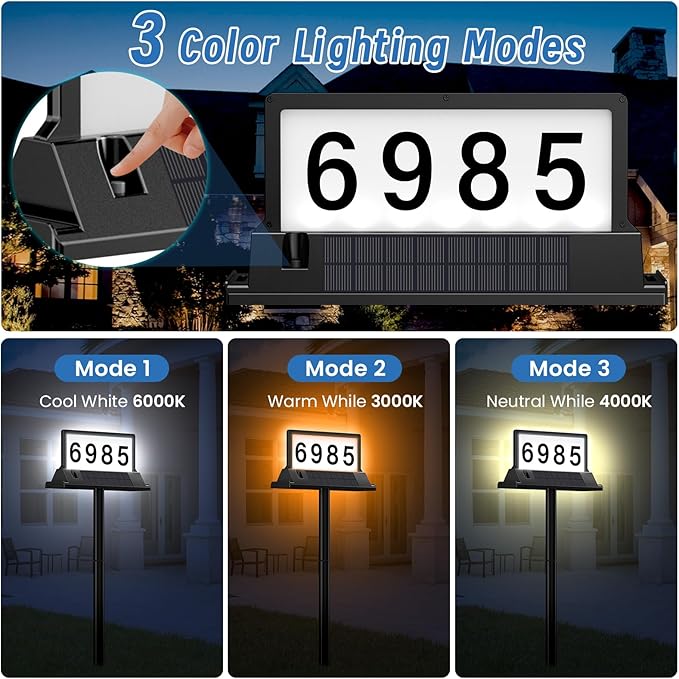 Solar Address Sign for House Numbers – Dual-Sided LED & Dual-Sided Solar Panels, 3 Color Modes, IP65 Waterproof Address Plaque, Strong Magnetic/Stake/Wall Mount, Dusk-to-Dawn for Mailbox Yard Driveway