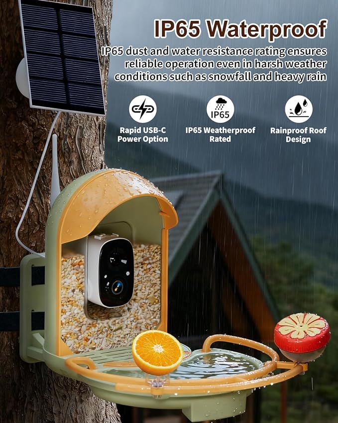 Bird Feeder with Camera, 2K HD Camera Birds Feeder with Bath Wireless Outdoor, Solar Powered Bird Watching with APP Control, Night Vision, Motion Detection Alerts, IP66 Birdfeeder for Backyard, Green