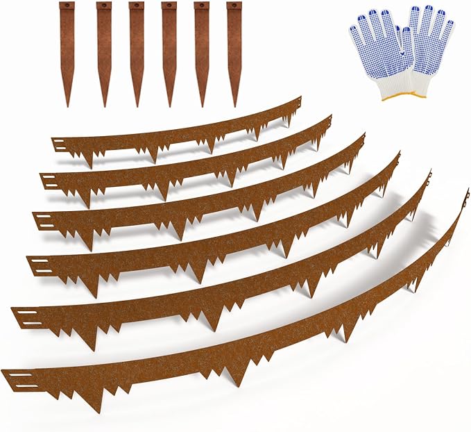 Metal Landscape Edging Border 6 Packs 42'' L x 4.5'' H, Pre-Rusted Steel Garden Edging Border with 6 Stakes, Hammer-in Lawn Edging for Landscaping, Flower Bed, Yard, Pathway, Tree Ring (21ft Total)