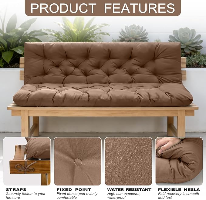 Porch Swing Cushions, Outdoor Swing Replacement Cushions 3 Seater with Backrest, Waterproof Bench Cushion with Ties,for Patio,Porch, Garden,Backyard