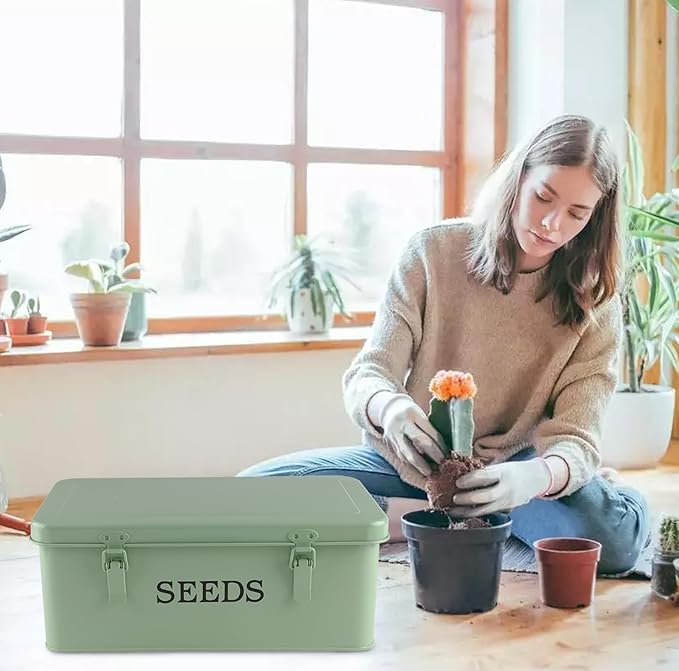 Seed Storage Organizer, 4 Compartment Seed Storage Box with Safety Lock, Metal Seed Box Seed Packet Container with 1 Pen, 12 Slots, 20 Plant Labels & 30 Seed Envelopes, Green Gardening Gift