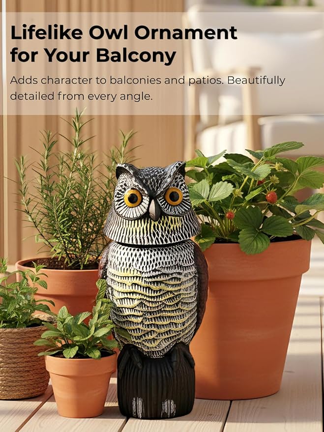 Garden Fake Owl Sculpture with 360° Rotating Head, Waterproof Moving Garden Owl, Outdoor Statue for Yard Patio Balcony Roof Barn Driveway