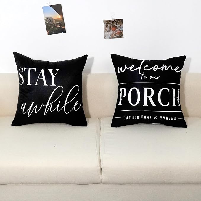 TAJWE Outdoor Pillow Covers Waterproof 16x16 Set of 2 Black and White Decorative Welcome to Our Porch Stay Awhile Cushion Cases for Patio Furniture Sofa Couch Decor