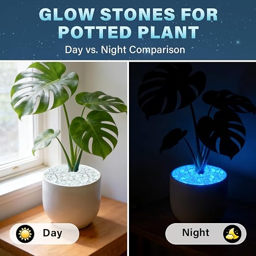 PoYang 2000pcs Glow in The Dark Rocks Outdoor - White Resin Glowing Pebbles for Landscaping, Garden, Fish Tank and Aquarium Indoor Decor, Powered by Sunlight or Lamplight (0.4"-0.7"/pc, 2.4lbs/Bag)