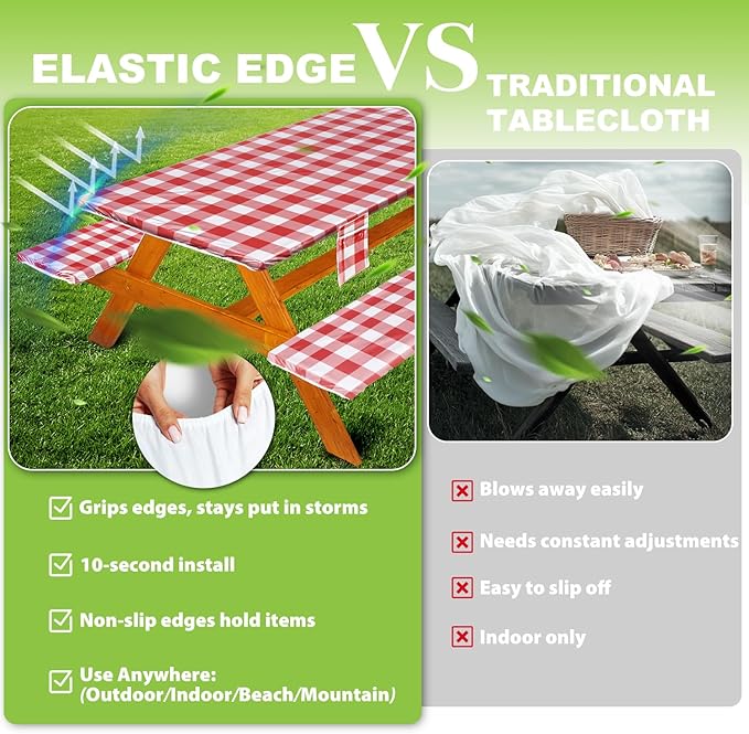 Picnic Table Cover with Bench Covers Vinyl Elastic Edges Fitted Rectangle Seat Tables Waterproof 3-Piece72X30in Set Outdoor Rectangular Folding Backing Tablecloth for Camping Over Size