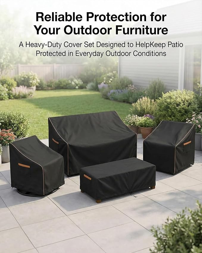 Outdoor Furniture Cover Waterproof, 4-Piece Patio Furniture Cover Set, 600D Heavy Duty Protection Patio 3-Seater Sofa Swivel Rocker Chairs and Coffee Table Garden Protective Furniture Set, Black