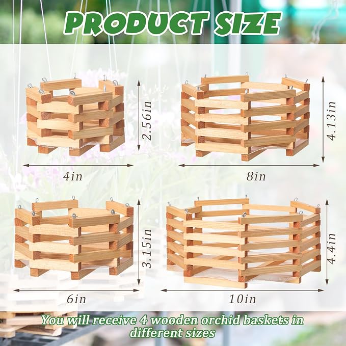 4 Pcs Wooden Orchid Baskets with Hangers for Outdoor Plants, Rustic Handmade Vanda Baskets, Hanging Orchid Planter, 4 Size