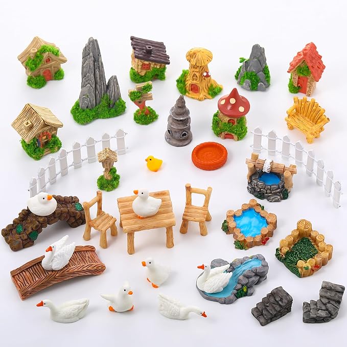 35 Pcs Fairy Garden Accessories Miniatures Garden Kit with Resin Duck, Mushroom House & Bridge Miniature Accessories for Terrarium, Dollhouse & Outdoor Decor