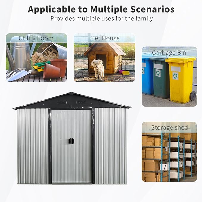 8x4 FT Outdoor Metal Storage Shed, Galvanized Steel Garden Shed with Window, Lockable Sliding Door, Sloped Roof, Ventilated Tool Storage House with Foundation Kit for Backyard Equipment, White+Black