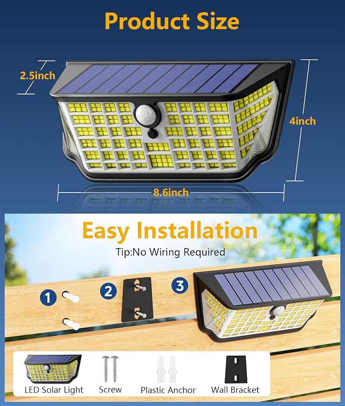 Solar Lights Outdoor Waterproof 4 Pack, 300° Angle & 3 Lighting Modes Motion Sensor Outdoor Lights, LED Solar Security Flood Lights for Fence Wall Deck Yard Front Door Garden Garage