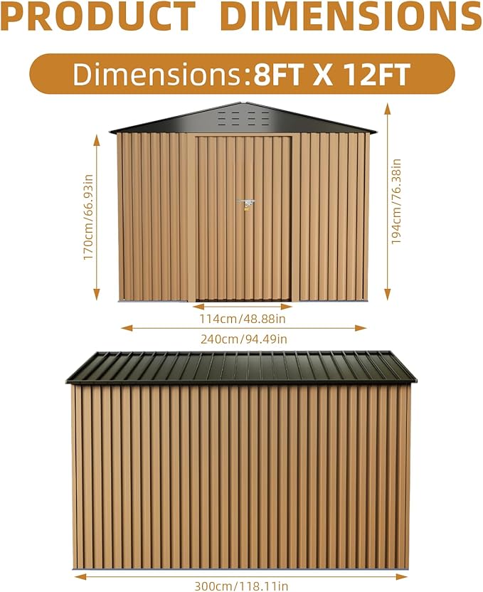 Garvee 8x12ft Metal Shed, Outdoor Garden Tool Storage Shed with Lockable Doors, Large Metal Shed with Sturdy Frame Structure, for Backyard, Patio, Lawn, Brown