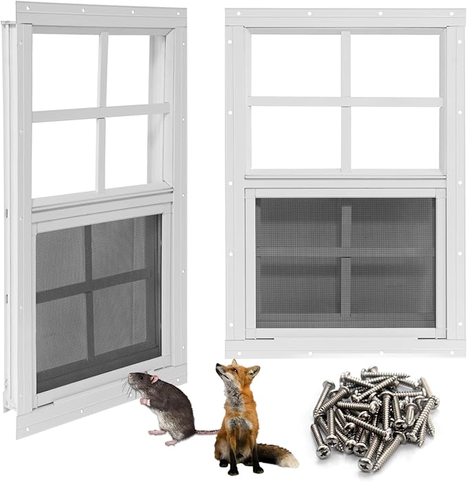 NeatiEase Upgraded Shed Windows 2 Pack, 28" x 28" Windows with Tempered Glass and Stainless Steel Screen for Shed, Chicken Coop, Playhouse, Household, Garage(White)