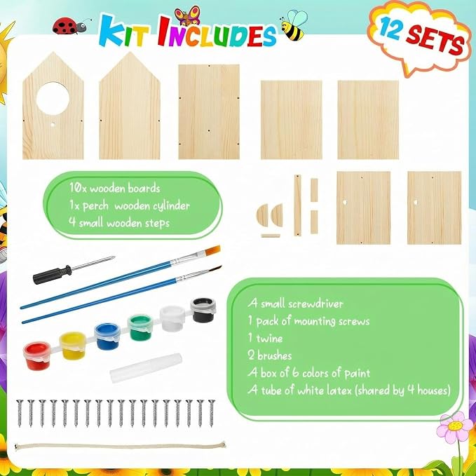 Liliful 12 Pack Wooden Birdhouse Kit for Kids and Adults, DIY Painting Set & Real Outdoor Birdhouse, Durable Craft for Garden, Classroom, Birthday Gifts Ages 3-5 4-8 8-12