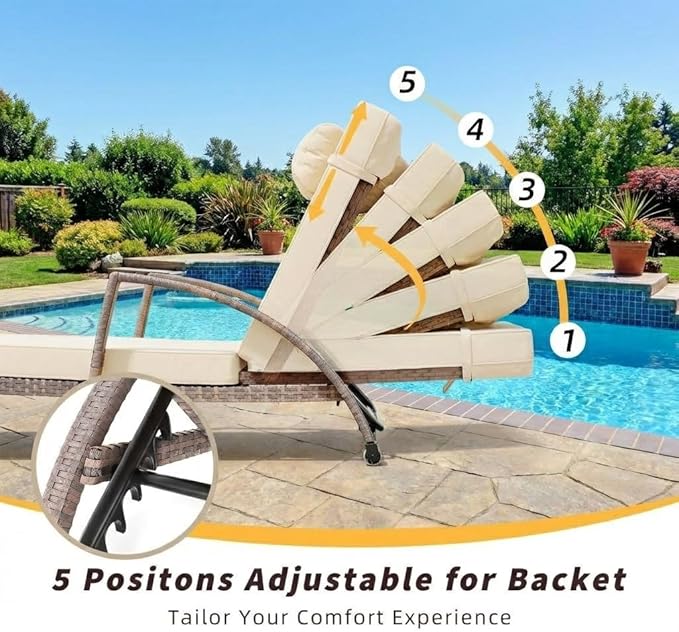 Garvee Outdoor Chaise Lounge Set of 2, 5-Position Adjustable PE Wicker Reclining Chairs with Wheels & 3.5" Cushions, 400 lbs Capacity All-Weather Patio Furniture for Poolside, Garden, Beach(Beige)
