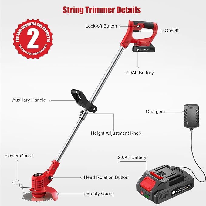 21V Weed Wacker Cordless String Trimmer with 2 Batteries 2.0Ah, 2 Types Metal Blades Powered Grass Trimmer, Pruning Shears, Adjustable Pole Weed Trimmer for Garden and Yard Lawn, Red