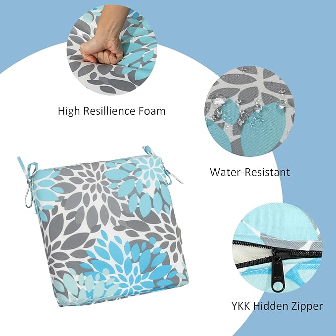 COZYVIDA Outdoor Chair Cushions Set of 4, 20"x20" Square Seat Pads with Tie Straps and YKK Zippers, 30D High-Density Foam, Water-Resistant Fabric,UV-Resistant 1000+ Hrs