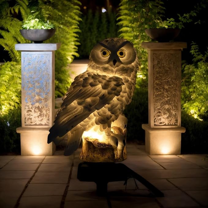 Owl Figure Solar LED Lights, Resin Garden Waterproof owl Figurine with Stake for Outdoor Yard Pathway. (Brown)