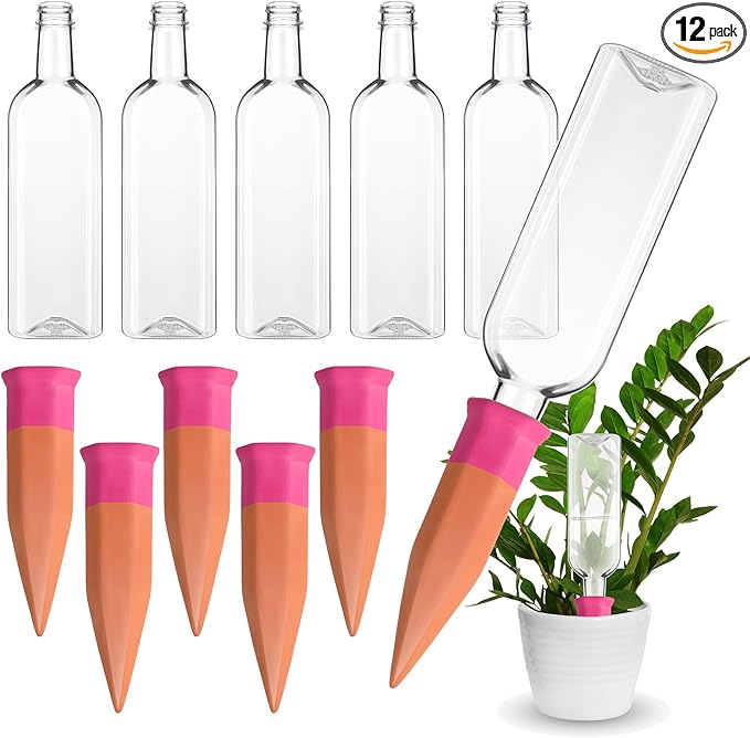 Ziliny 6 Sets Plant Watering Devices 6 Pcs Self Watering Spikes 6 Pcs 25 oz Plastic Bottles Slow Release Automatic Waterer Empty Liquor Bottles Terracotta Spikes for Vacation Plant (Pink)
