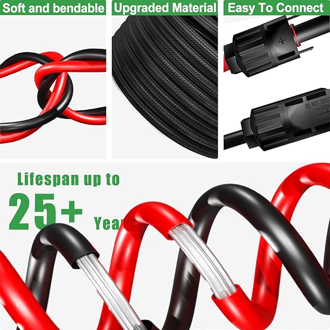 Twin Wire 6 Feet Solar Extension Cable 10AWG with -IP67- Female and Male Connector, Bonus Pair of Free Connector Solar Panel Adapter kit Tools (3 Pairs connectors)