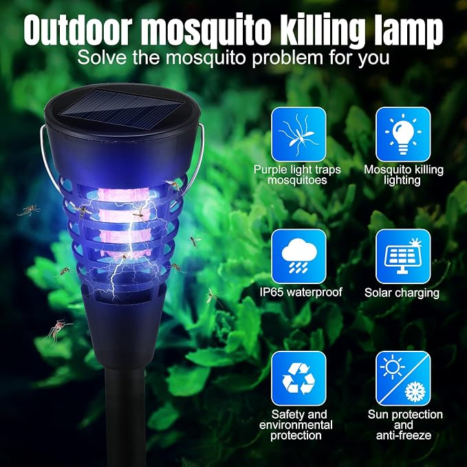 Qualirey 4 Pack Solar Bug Zapper & Mosquito Killer Outdoor Waterproof Cone-Shaped LED Light Mosquito Repellent for Patio, Garden, Yard, Camping - Hanging/Insertion Design (White & Purple Light)