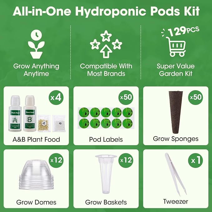 129Pcs Hydroponic Pods Kit with A&B Plant Food, Hydroponic Pods with 50 Grow Sponges, 50 Plant Labels,12 Grow Baskets, 12 Grow Domes and 1 Tweezers - Hydroponics Supplies