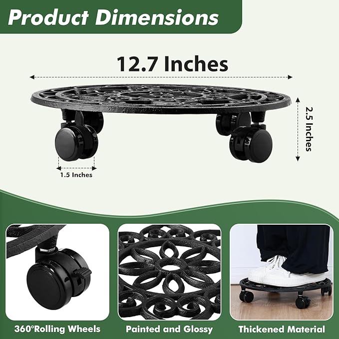 2 Packs Rolling Plant Stand with Wheels Metal Plant Caddy with Wheels Heavy Duty 13'' Round Plant Stand Indoor Iron Plants Rollers for Plants, Plant Dolly Plant Mover