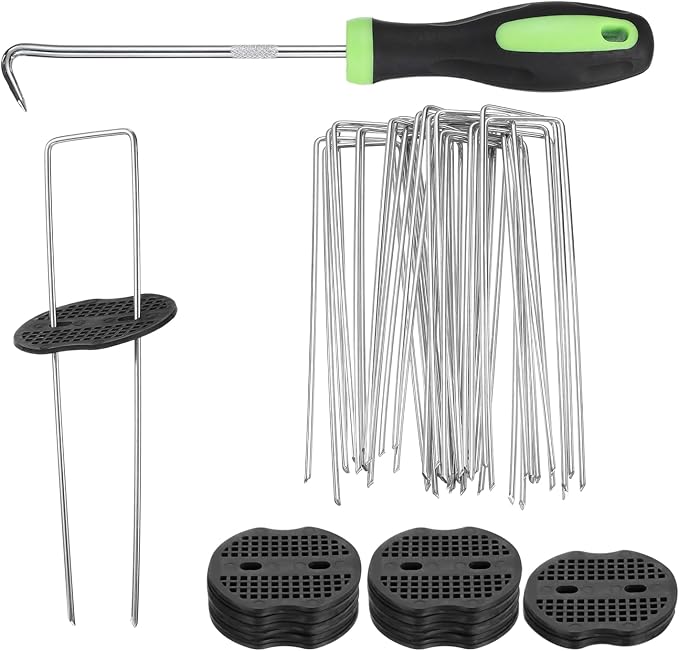 uxcell 25Pcs Garden Stakes, 8 Inch 11 Gauge Galvanized Landscape Staples U-Type Turf Stake Sod Pin Plant Stakes with Gasket&Hook for Landscaping Securing Weed Barrier Fabric, Silver