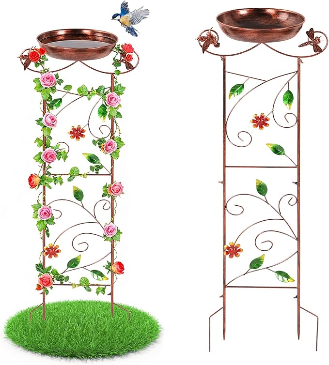 2 Pack Bird Bath for Outside Garden Trellis for Climbing Plants with Hummingbird Decor Small Garden Plant Support Bird Baths Feeder Bowl for Garden Decor Patio Lawn