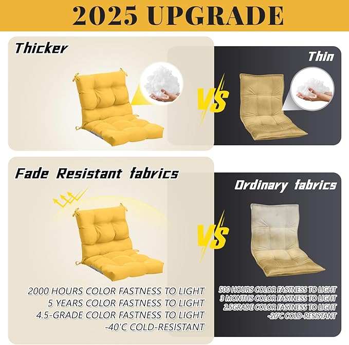 Marsui 2 Pcs Outdoor Indoor High Back Chair Cushions Patio Furniture Tufted Pillow with Ties Water-Resistant Replacement Outdoor Rocking Chair Cushions, 42 x 21 Inches (Yellow,Solid Color)
