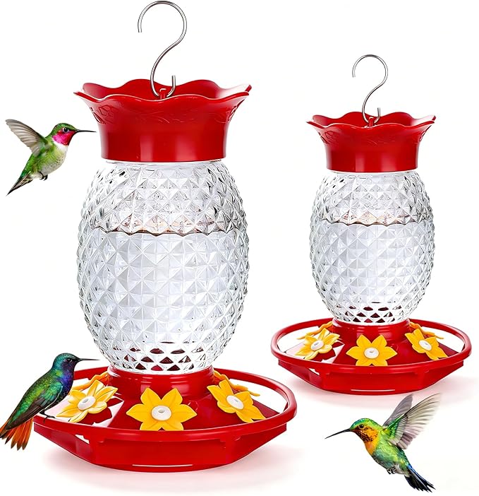 Fchstaer Glass Hummingbird Feeders for Outdoors Hanging Ant and Bee Proof 16OZ 2 Pack Clear Pineapple Humming Bird Feeder with 6 Feeding Ports and Ant Moat Hummingbird Gifts for Women Garden Decor