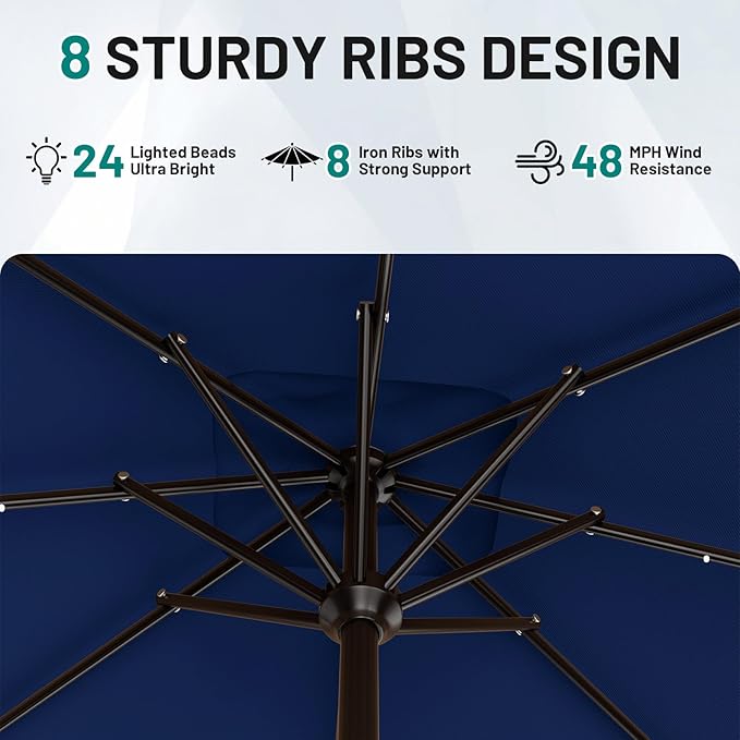 AreShark 8' X 10' Rectangular Patio Umbrella with Solar Lights, Lighted Solar Umbrella with Crank, Outdoor Table Umbrella for Garden, Deck, Backyard, Pool and Beach, Navy