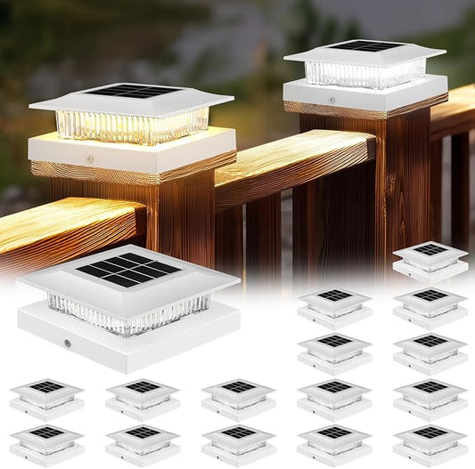 16 Pack Solar Post Cap Lights 4x4, Dual-Color Waterproof Fence Post Solar Lights, Fits 4x4 Vinyl or 3.5x3.5 Wood Posts, Dusk to Dawn Outdoor Lighting for Deck, Garden & Porch Decor, White