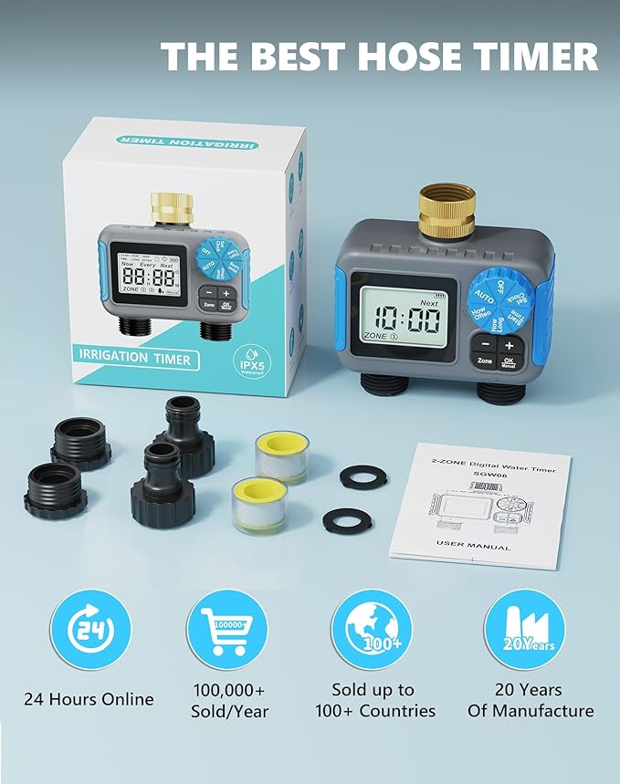 Sprinkler Timer with Brass Swivel, 2 Zone Hose Timers for Watering, Digital Irrigation Timer with Rain Delay & Manual Mode, Automatic Watering System for Outdoor Garden Lawn Yard
