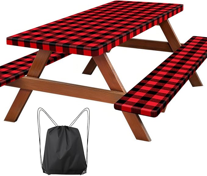Picnic Table Cover with Bench Covers, Fitted 6ft Waterproof Tablecloth Set for Outdoor Camping & RV - Includes 1 Table Cover & 2 Bench Covers with Drawstring Storage Bag, 30"x72", Red Black Grid