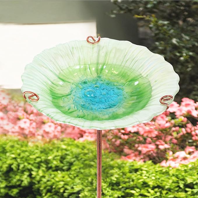 MUMTOP 26 Inch Height Glass Birdbath Birdfeeder with Metal Stake Garden Outdoor Green