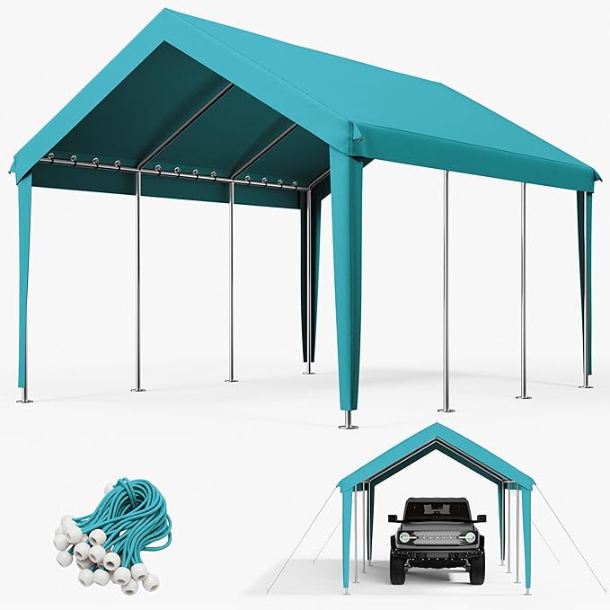 10 x 20 Ft Carport Replacement Cover, Heavy Duty Outdoor Car Tarp Canopy, Waterproof & UV Protected Tear Oxford Tarp with Ball Bungees (Frame is Not Included)