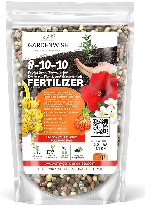 GARDENWISE Elite 8-10-10 Professional Fertilizer for Banana, Flowering, and Fruit Trees, Ornamentals - Boosts Flowering & Fruiting - for Indoor & Outdoor Plants (1 Quart)
