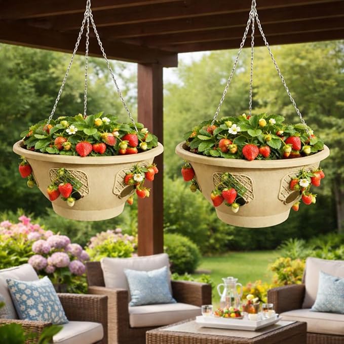 Ultimate Hanging Baskets - Strawberry, Tomato, Flower, and Herb Outdoor Planters - Use Garden Pots for Growing Plants Outside On A Deck, Fence, or Balcony (10, Desert Sand)
