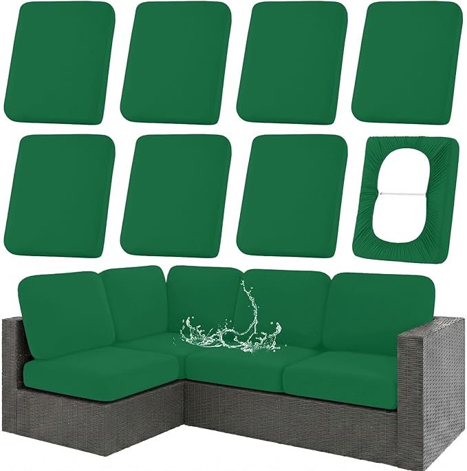 hyha Waterproof Outdoor Cushion Covers for Patio Furniture, Stretch Patio Chair Cushion Slipcovers, Coated UV Resistant Replacement Seat Covers, Solid Color (Green, 8PC)