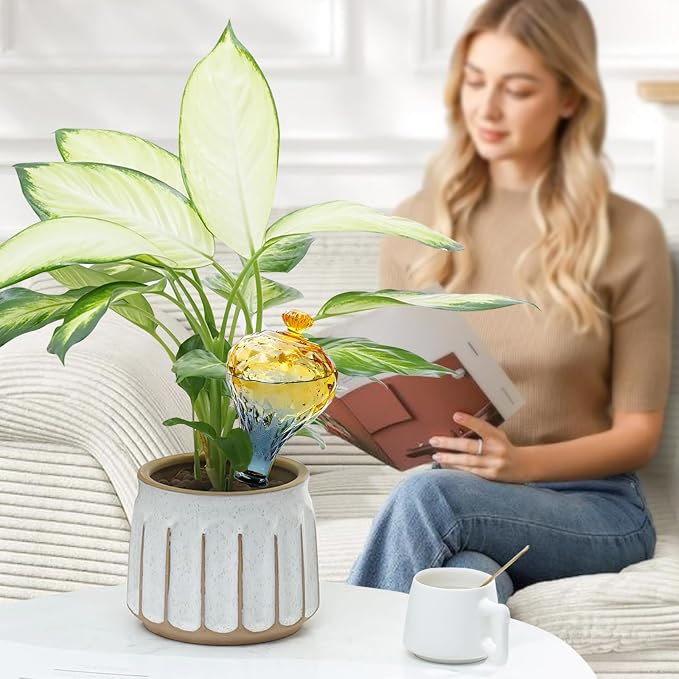 12 oz Plant Watering Globes, Yellow Glass Self Watering Bulbs Top Fill with Terracotta Spikes Stake, Self Watering Planter Insert Vacation Automatic Plant Waterer Device for Indoor & Outdoor 2Pack