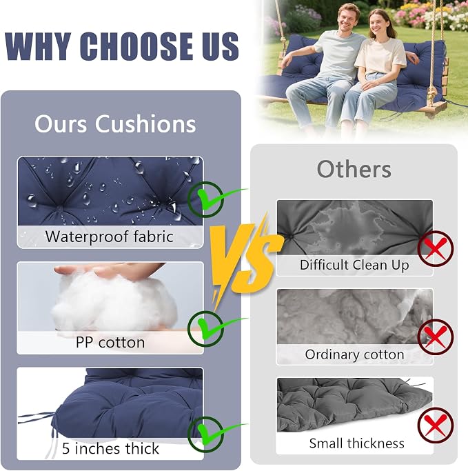 Porch Swing Cushions Outdoor, 5 Inch Thick Waterproof 2-3 Seater Replacement Swing Cushion with Backrest and Anti-Slip Ties, Perfect for Porch, Patio, Garden, Outdoor Bench Furniture, 60×40×5 Inch