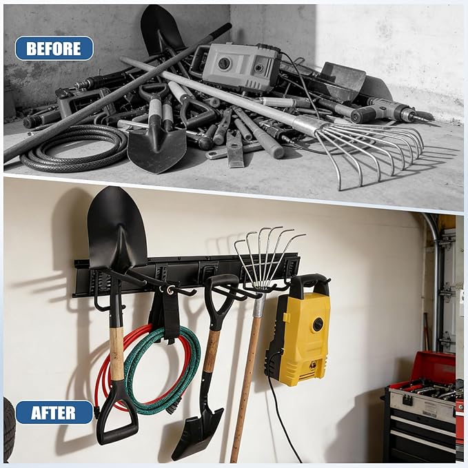 14Pack Garage Tool Organizer Wall Mount, 49.5'' Garage Wall Organizer with 11 Adjustable Hooks, 520lbs Heavy Duty Garage Storage & Organization, Garage Hanging Rack for Garden Yard Tool Shed, Men Gift