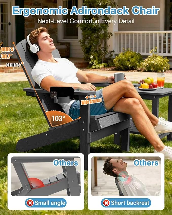 YEFU Adirondack Chair Plastic Weather Resistant, Patio Chairs with Cup Holder Easy Installation, Looks Exactly Like Real Wood, Widely Used in Outdoor, Fire Pit, Outside, Campfire Chairs (Dark Grey)