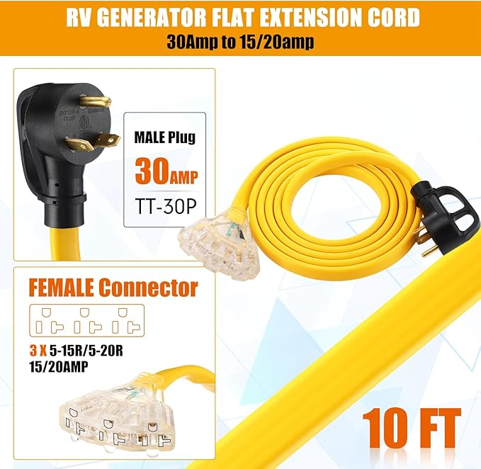 Tellegloww 10 FT Flat RV Generator Adapter Cord NEMA TT-30p to 3X 5-20R/5-15R, 30A to 110V 15/20 A Household Outlet Adapter, 10 Gauge Flat Rv Generator Extension Cord, Etl Listed, Yellow