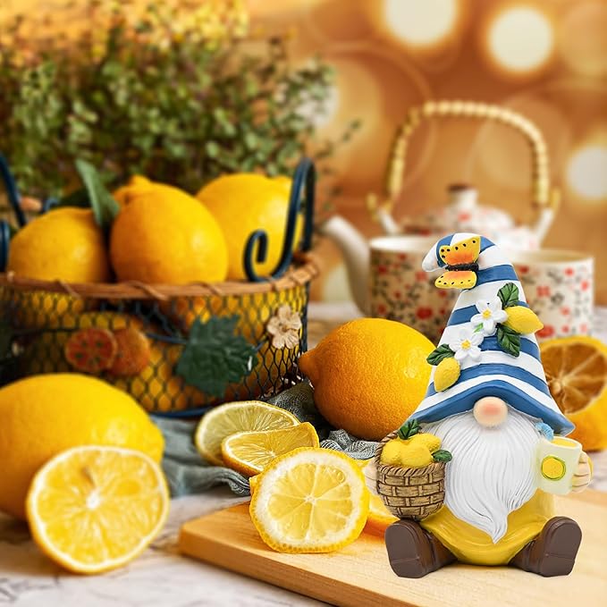 Lemon Decor Spring Garden Gnome, Mediterranean Decor Resin Figurines, Lemon Party Decoration for Home Kitchen Office Tiered Tray, Summer Gnomes Gifts