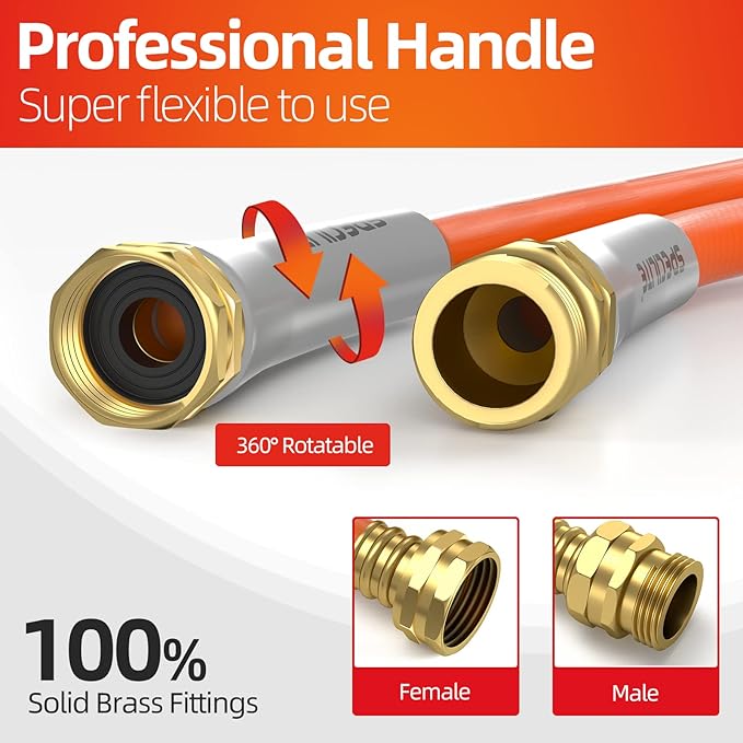 SPECILITE Garden Water Hose 25 ft x 5/8 in Heavy Duty, Flexible and Lightweight, Burst 600 psi, Kink-less Hybrid Rubber Pipe for Backyard, 3/4'' Brass Fittings, Orange